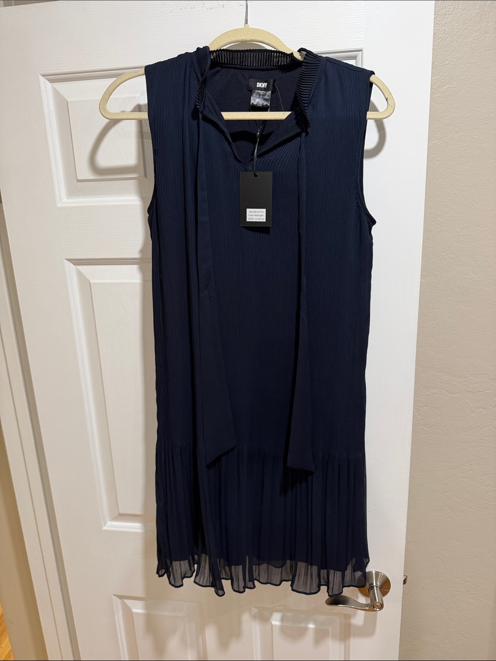 DKNY Navy Sleeveless Pleated Tie-Detail Shift Dress